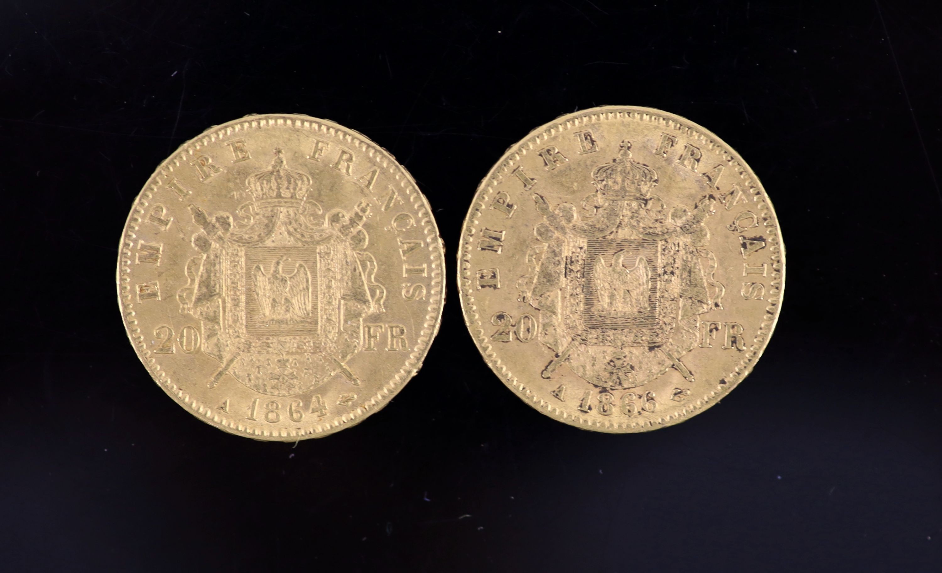 France coins, two Napoleon III gold 20 francs, 1864A, VF and 1866A, VF